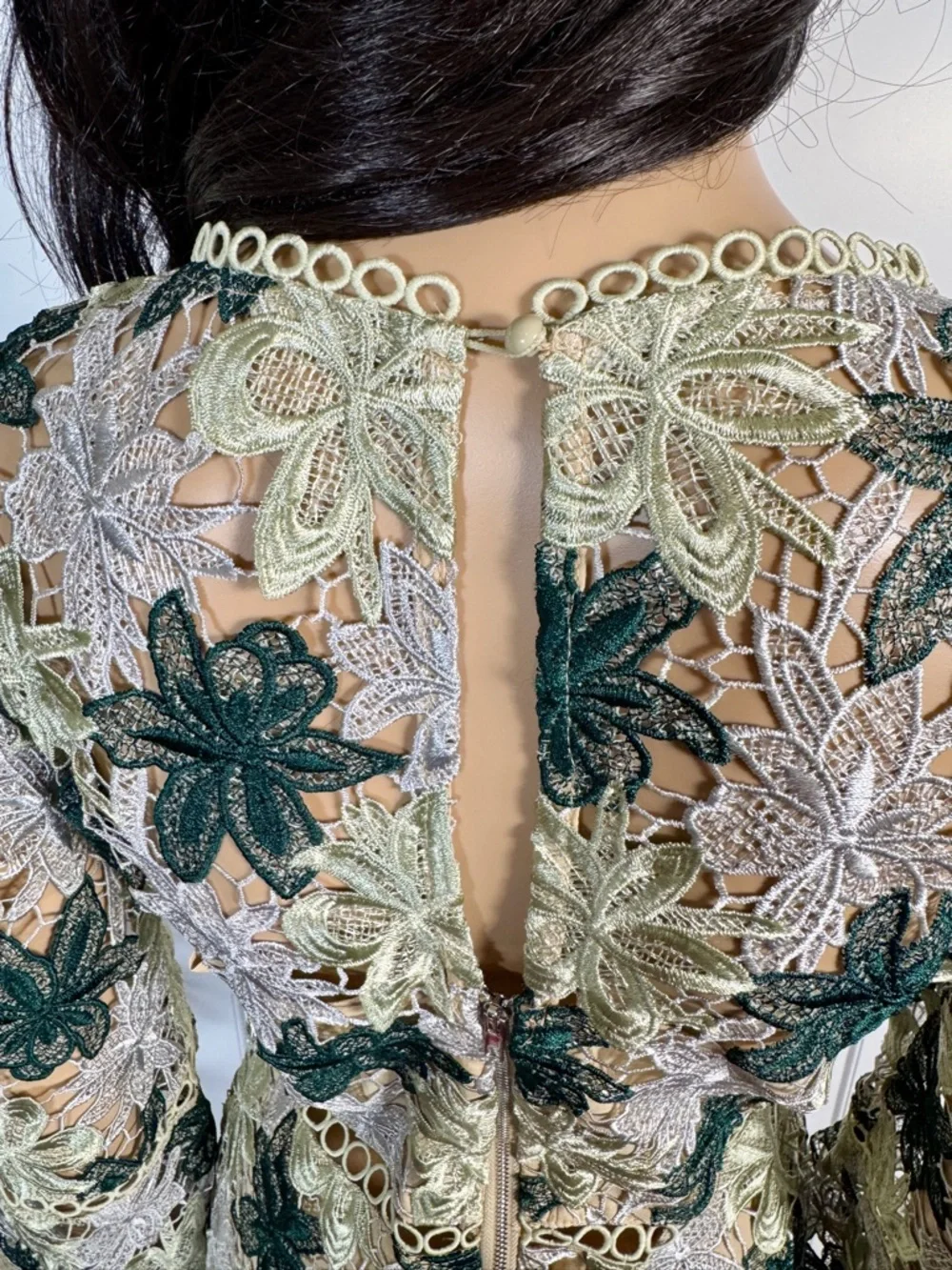 GREEN AND CREAM LONG SLEEVE FLORAL MINI DRESS WITH CROCHET AND LACE DETAILS - Picture 11 of 13